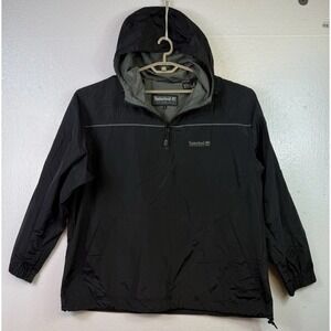 Timberland Nylon Hooded Windbreaker Mens Sz L Black 1/4 Zip Jacket Water Resist